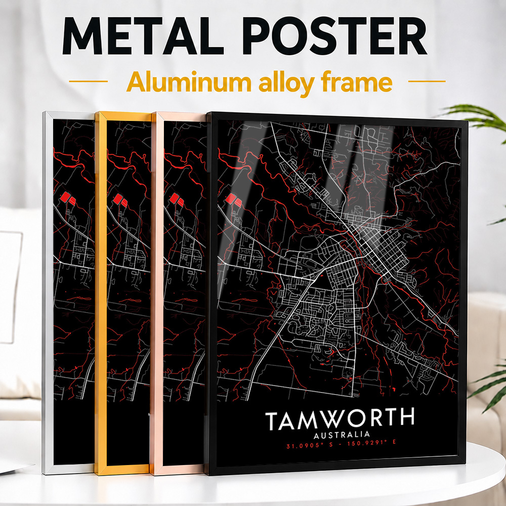 Custom Map Poster - タムワース ダークマップ フレーム付きメタルプリント カスタム写真 ミニマリスト ラインワークスタイル