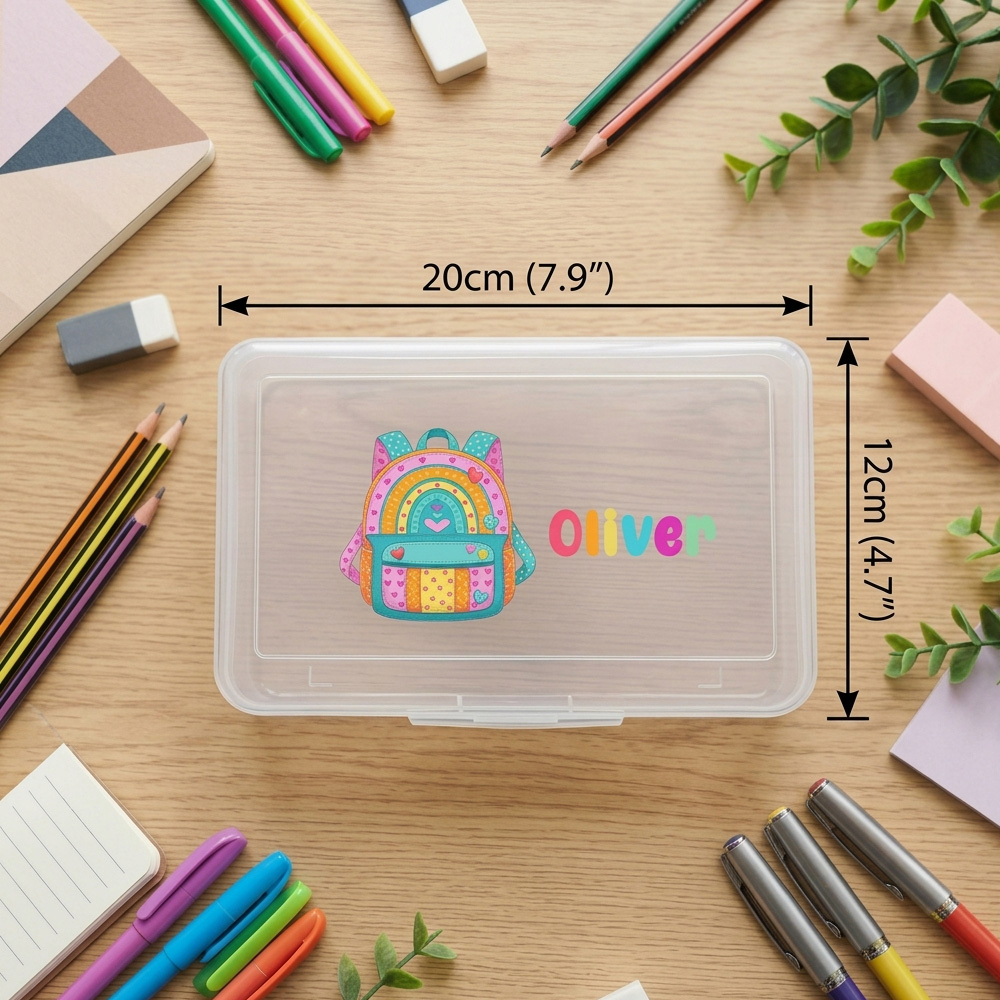 名前入りのオリジナルペンケース、透明プラスチック製の虹色の文 - Personalized Name Box のレビューと価格