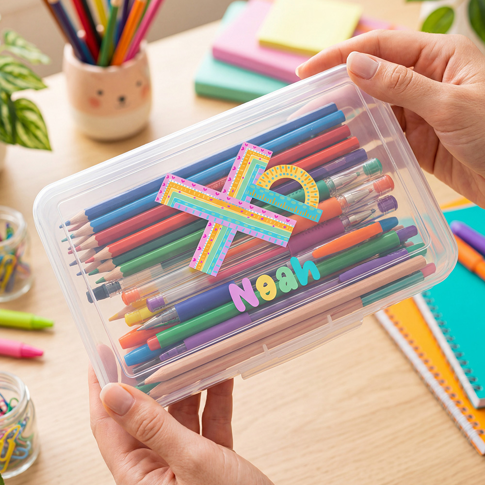 名前入りのオリジナルペンケース、透明プラスチック製の虹色の文 - Personalized Name Box のレビューと価格