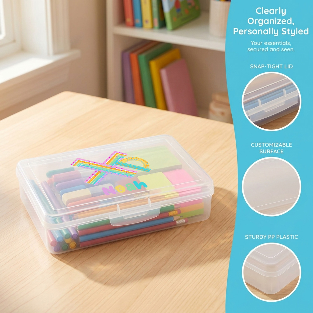 名前入りのオリジナルペンケース、透明プラスチック製の虹色の文 - Personalized Name Box のレビューと価格
